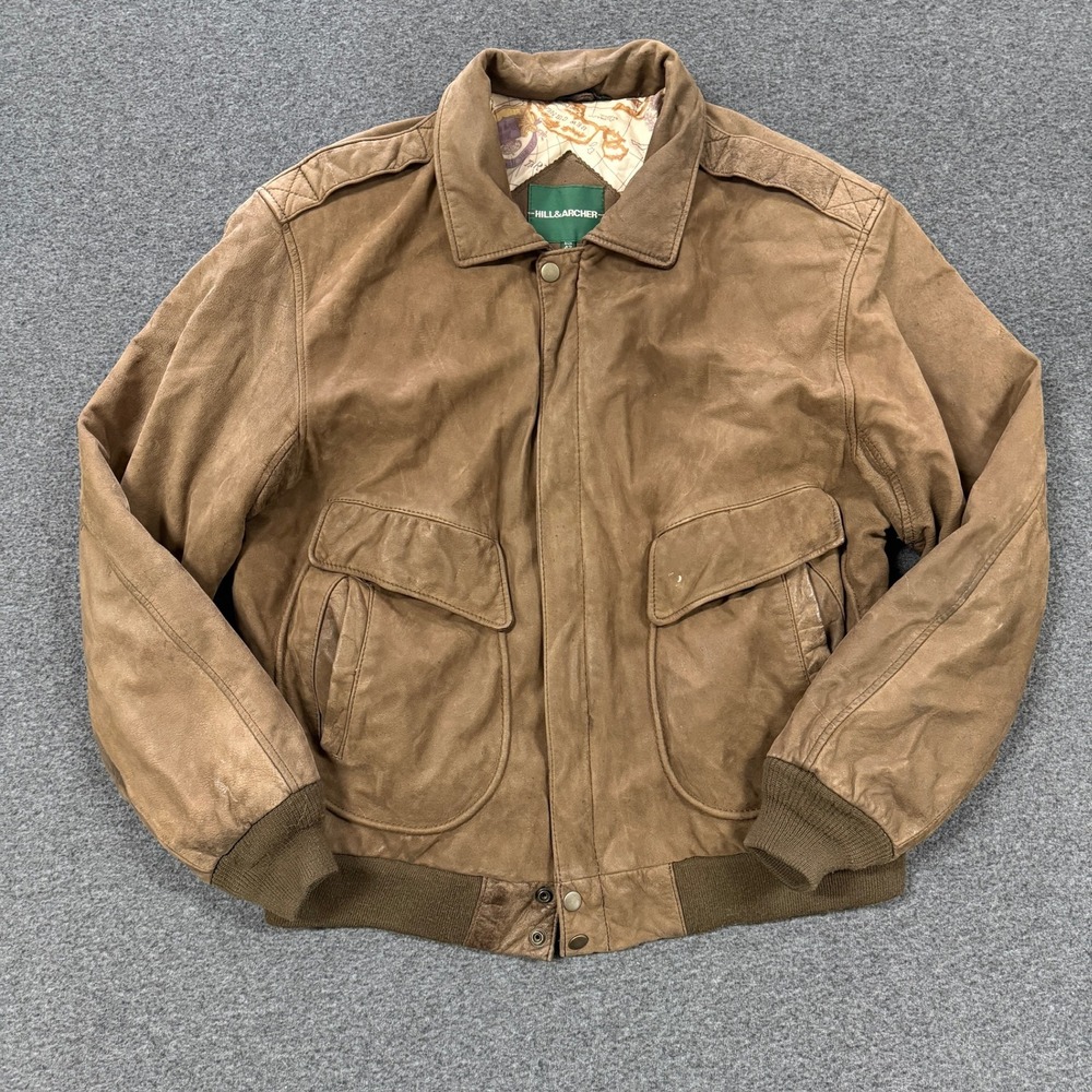 Vintage Hill & Archer Bomber Jacket Mens 42 Brown Leather Epaulettes Utility